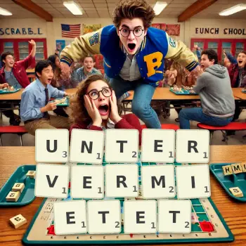 Kreative Illustration für ein Scrabble-Spiel, bei dem das Wort UNTERVERMIETET mit Steinen auf dem Brett gelegt wurde.