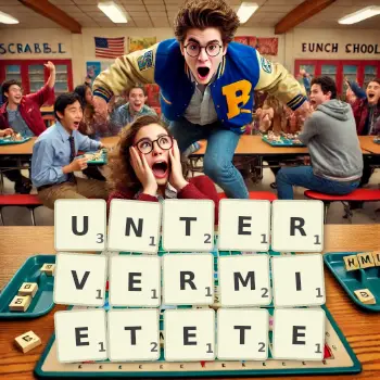 Kreative Illustration für ein Scrabble-Spiel, bei dem das Wort UNTERVERMIETETE mit Steinen auf dem Brett gelegt wurde.