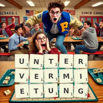 Kreative Illustration für ein Scrabble-Spiel, bei dem das Wort UNTERVERMIETUNG mit Steinen auf dem Brett gelegt wurde.