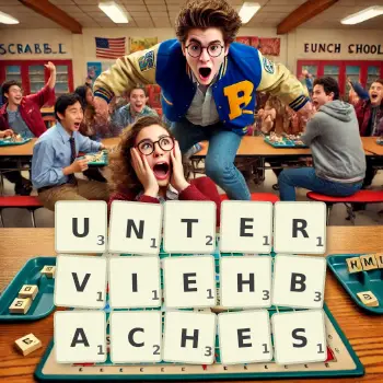 Kreative Illustration für ein Scrabble-Spiel, bei dem das Wort UNTERVIEHBACHES mit Steinen auf dem Brett gelegt wurde.