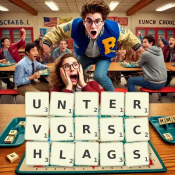 Kreative Illustration für ein Scrabble-Spiel, bei dem das Wort UNTERVORSCHLAGS mit Steinen auf dem Brett gelegt wurde.