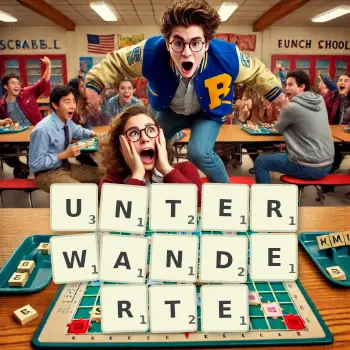 Kreative Illustration für ein Scrabble-Spiel, bei dem das Wort UNTERWANDERTE mit Steinen auf dem Brett gelegt wurde.