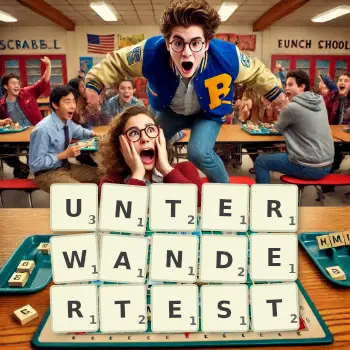 Kreative Illustration für ein Scrabble-Spiel, bei dem das Wort UNTERWANDERTEST mit Steinen auf dem Brett gelegt wurde.