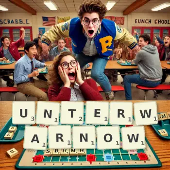 Kreative Illustration für ein Scrabble-Spiel, bei dem das Wort UNTERWARNOW mit Steinen auf dem Brett gelegt wurde.