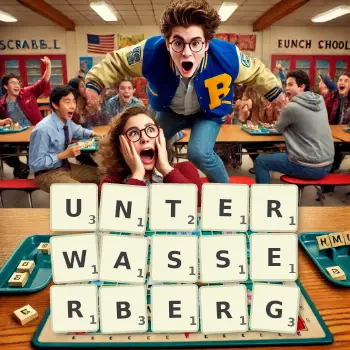 Kreative Illustration für ein Scrabble-Spiel, bei dem das Wort UNTERWASSERBERG mit Steinen auf dem Brett gelegt wurde.