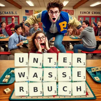 Kreative Illustration für ein Scrabble-Spiel, bei dem das Wort UNTERWASSERBUCH mit Steinen auf dem Brett gelegt wurde.