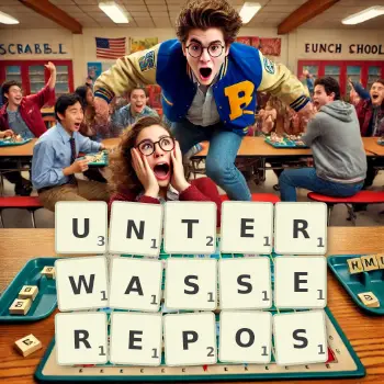 Kreative Illustration für ein Scrabble-Spiel, bei dem das Wort UNTERWASSEREPOS mit Steinen auf dem Brett gelegt wurde.