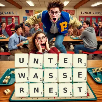 Kreative Illustration für ein Scrabble-Spiel, bei dem das Wort UNTERWASSERNEST mit Steinen auf dem Brett gelegt wurde.