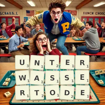 Kreative Illustration für ein Scrabble-Spiel, bei dem das Wort UNTERWASSERTODE mit Steinen auf dem Brett gelegt wurde.