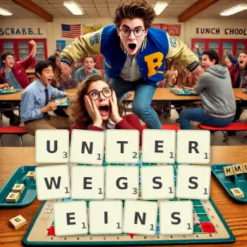 Kreative Illustration für ein Scrabble-Spiel, bei dem das Wort UNTERWEGSSEINS mit Steinen auf dem Brett gelegt wurde.