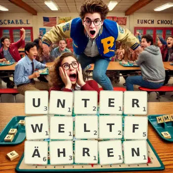 Kreative Illustration für ein Scrabble-Spiel, bei dem das Wort UNTERWELTFÄHREN mit Steinen auf dem Brett gelegt wurde.