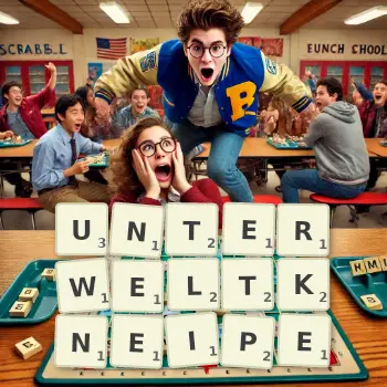 Kreative Illustration für ein Scrabble-Spiel, bei dem das Wort UNTERWELTKNEIPE mit Steinen auf dem Brett gelegt wurde.