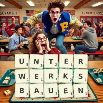 Kreative Illustration für ein Scrabble-Spiel, bei dem das Wort UNTERWERKSBAUEN mit Steinen auf dem Brett gelegt wurde.