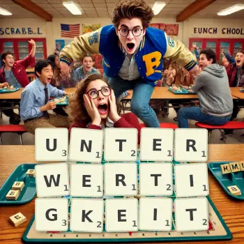 Kreative Illustration für ein Scrabble-Spiel, bei dem das Wort UNTERWERTIGKEIT mit Steinen auf dem Brett gelegt wurde.