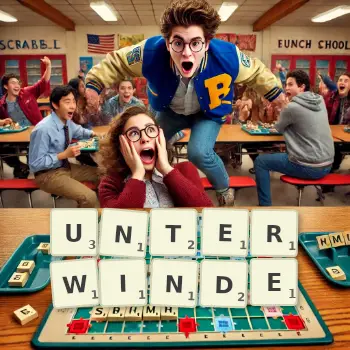 Kreative Illustration für ein Scrabble-Spiel, bei dem das Wort UNTERWINDE mit Steinen auf dem Brett gelegt wurde.