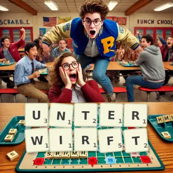 Kreative Illustration für ein Scrabble-Spiel, bei dem das Wort UNTERWIRFT mit Steinen auf dem Brett gelegt wurde.