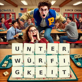 Kreative Illustration für ein Scrabble-Spiel, bei dem das Wort UNTERWÜRFIGKEIT mit Steinen auf dem Brett gelegt wurde.