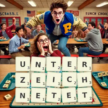 Kreative Illustration für ein Scrabble-Spiel, bei dem das Wort UNTERZEICHNETET mit Steinen auf dem Brett gelegt wurde.