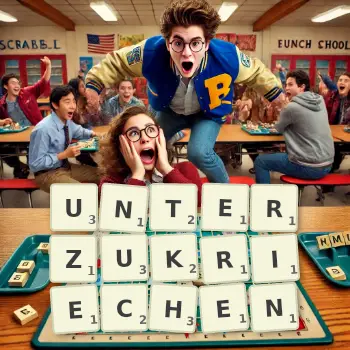 Kreative Illustration für ein Scrabble-Spiel, bei dem das Wort UNTERZUKRIECHEN mit Steinen auf dem Brett gelegt wurde.