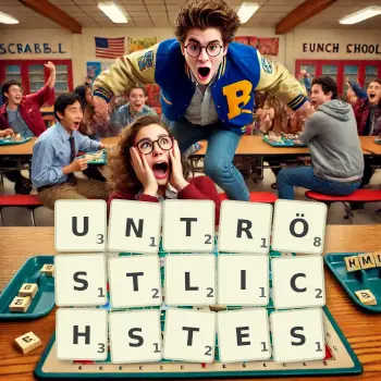 Kreative Illustration für ein Scrabble-Spiel, bei dem das Wort UNTRÖSTLICHSTES mit Steinen auf dem Brett gelegt wurde.