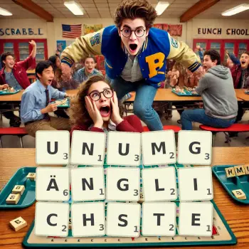 Kreative Illustration für ein Scrabble-Spiel, bei dem das Wort UNUMGÄNGLICHSTE mit Steinen auf dem Brett gelegt wurde.