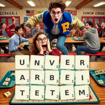 Kreative Illustration für ein Scrabble-Spiel, bei dem das Wort UNVERARBEITETEM mit Steinen auf dem Brett gelegt wurde.