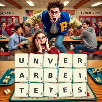 Kreative Illustration für ein Scrabble-Spiel, bei dem das Wort UNVERARBEITETES mit Steinen auf dem Brett gelegt wurde.