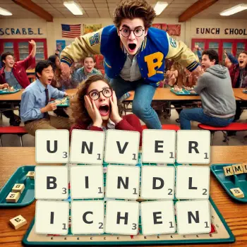 Kreative Illustration für ein Scrabble-Spiel, bei dem das Wort UNVERBINDLICHEN mit Steinen auf dem Brett gelegt wurde.