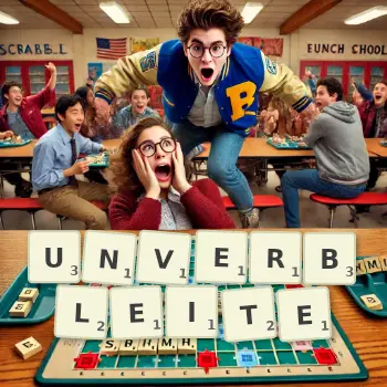 Kreative Illustration für ein Scrabble-Spiel, bei dem das Wort UNVERBLEITE mit Steinen auf dem Brett gelegt wurde.