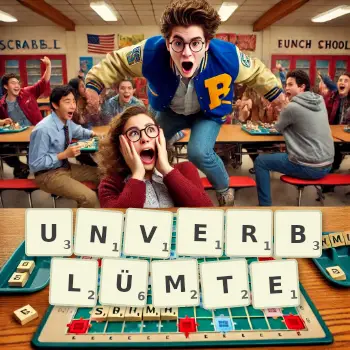 Kreative Illustration für ein Scrabble-Spiel, bei dem das Wort UNVERBLÜMTE mit Steinen auf dem Brett gelegt wurde.