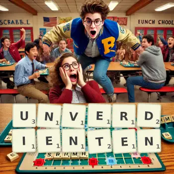 Kreative Illustration für ein Scrabble-Spiel, bei dem das Wort UNVERDIENTEN mit Steinen auf dem Brett gelegt wurde.