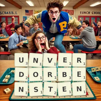 Kreative Illustration für ein Scrabble-Spiel, bei dem das Wort UNVERDORBENSTEN mit Steinen auf dem Brett gelegt wurde.