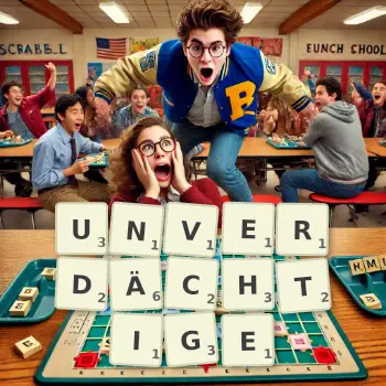 Kreative Illustration für ein Scrabble-Spiel, bei dem das Wort UNVERDÄCHTIGE mit Steinen auf dem Brett gelegt wurde.