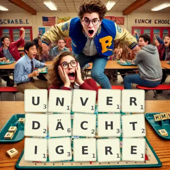 Kreative Illustration für ein Scrabble-Spiel, bei dem das Wort UNVERDÄCHTIGERE mit Steinen auf dem Brett gelegt wurde.