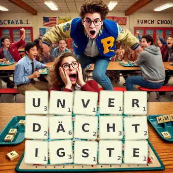 Kreative Illustration für ein Scrabble-Spiel, bei dem das Wort UNVERDÄCHTIGSTE mit Steinen auf dem Brett gelegt wurde.