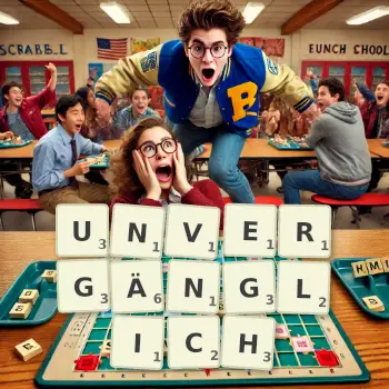 Kreative Illustration für ein Scrabble-Spiel, bei dem das Wort UNVERGÄNGLICH mit Steinen auf dem Brett gelegt wurde.