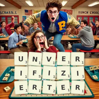 Kreative Illustration für ein Scrabble-Spiel, bei dem das Wort UNVERIFIZIERTER mit Steinen auf dem Brett gelegt wurde.