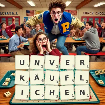 Kreative Illustration für ein Scrabble-Spiel, bei dem das Wort UNVERKÄUFLICHEN mit Steinen auf dem Brett gelegt wurde.