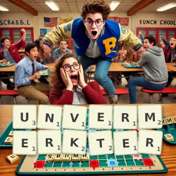 Kreative Illustration für ein Scrabble-Spiel, bei dem das Wort UNVERMERKTER mit Steinen auf dem Brett gelegt wurde.