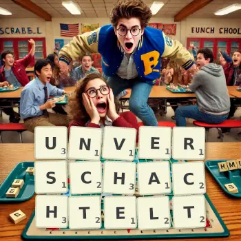 Kreative Illustration für ein Scrabble-Spiel, bei dem das Wort UNVERSCHACHTELT mit Steinen auf dem Brett gelegt wurde.