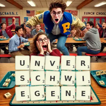 Kreative Illustration für ein Scrabble-Spiel, bei dem das Wort UNVERSCHWIEGENE mit Steinen auf dem Brett gelegt wurde.