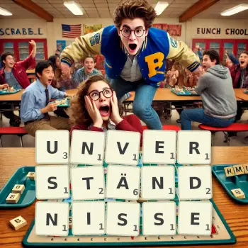 Kreative Illustration für ein Scrabble-Spiel, bei dem das Wort UNVERSTÄNDNISSE mit Steinen auf dem Brett gelegt wurde.