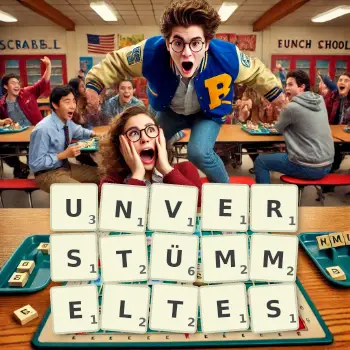 Kreative Illustration für ein Scrabble-Spiel, bei dem das Wort UNVERSTÜMMELTES mit Steinen auf dem Brett gelegt wurde.