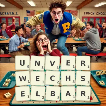 Kreative Illustration für ein Scrabble-Spiel, bei dem das Wort UNVERWECHSELBAR mit Steinen auf dem Brett gelegt wurde.