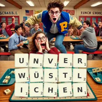 Kreative Illustration für ein Scrabble-Spiel, bei dem das Wort UNVERWÜSTLICHEN mit Steinen auf dem Brett gelegt wurde.