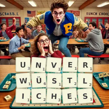 Kreative Illustration für ein Scrabble-Spiel, bei dem das Wort UNVERWÜSTLICHES mit Steinen auf dem Brett gelegt wurde.