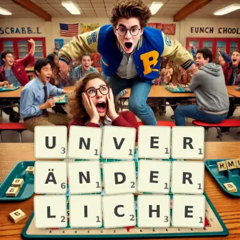 Kreative Illustration für ein Scrabble-Spiel, bei dem das Wort UNVERÄNDERLICHE mit Steinen auf dem Brett gelegt wurde.