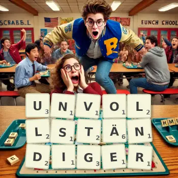 Kreative Illustration für ein Scrabble-Spiel, bei dem das Wort UNVOLLSTÄNDIGER mit Steinen auf dem Brett gelegt wurde.