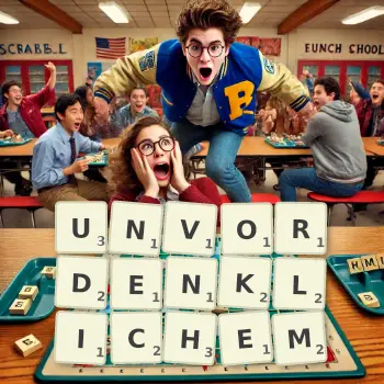 Kreative Illustration für ein Scrabble-Spiel, bei dem das Wort UNVORDENKLICHEM mit Steinen auf dem Brett gelegt wurde.