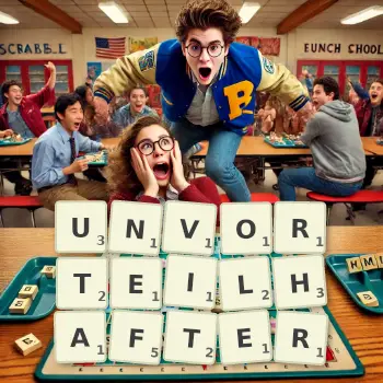 Kreative Illustration für ein Scrabble-Spiel, bei dem das Wort UNVORTEILHAFTER mit Steinen auf dem Brett gelegt wurde.